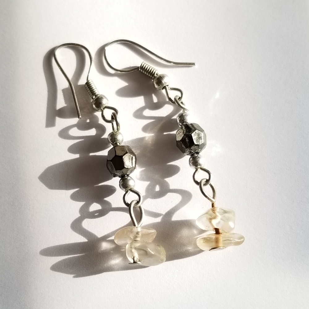 Handmade quartz earrings stone nature jewelry Silver tone dangly beads